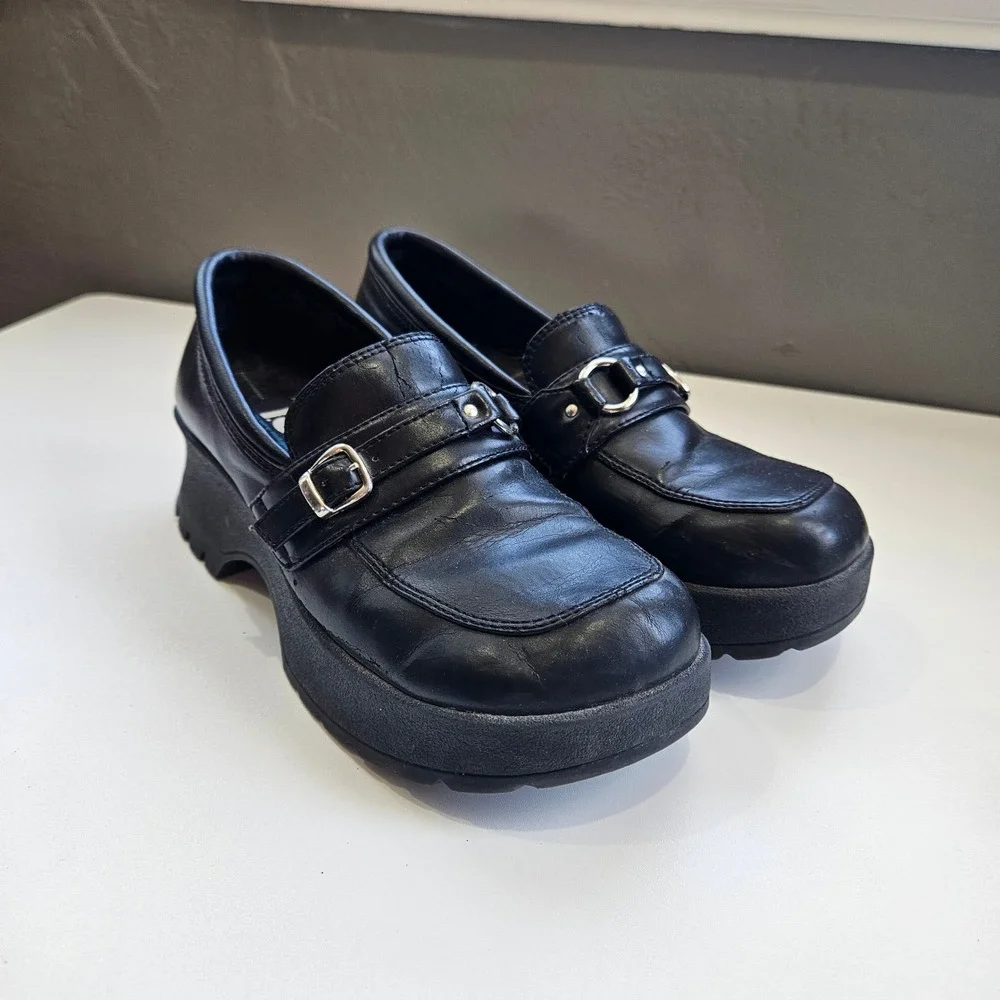 Vintage LEI 90s Y2K Black Chunky Platform Loafers Buckle Shoes Womens Size 6M
